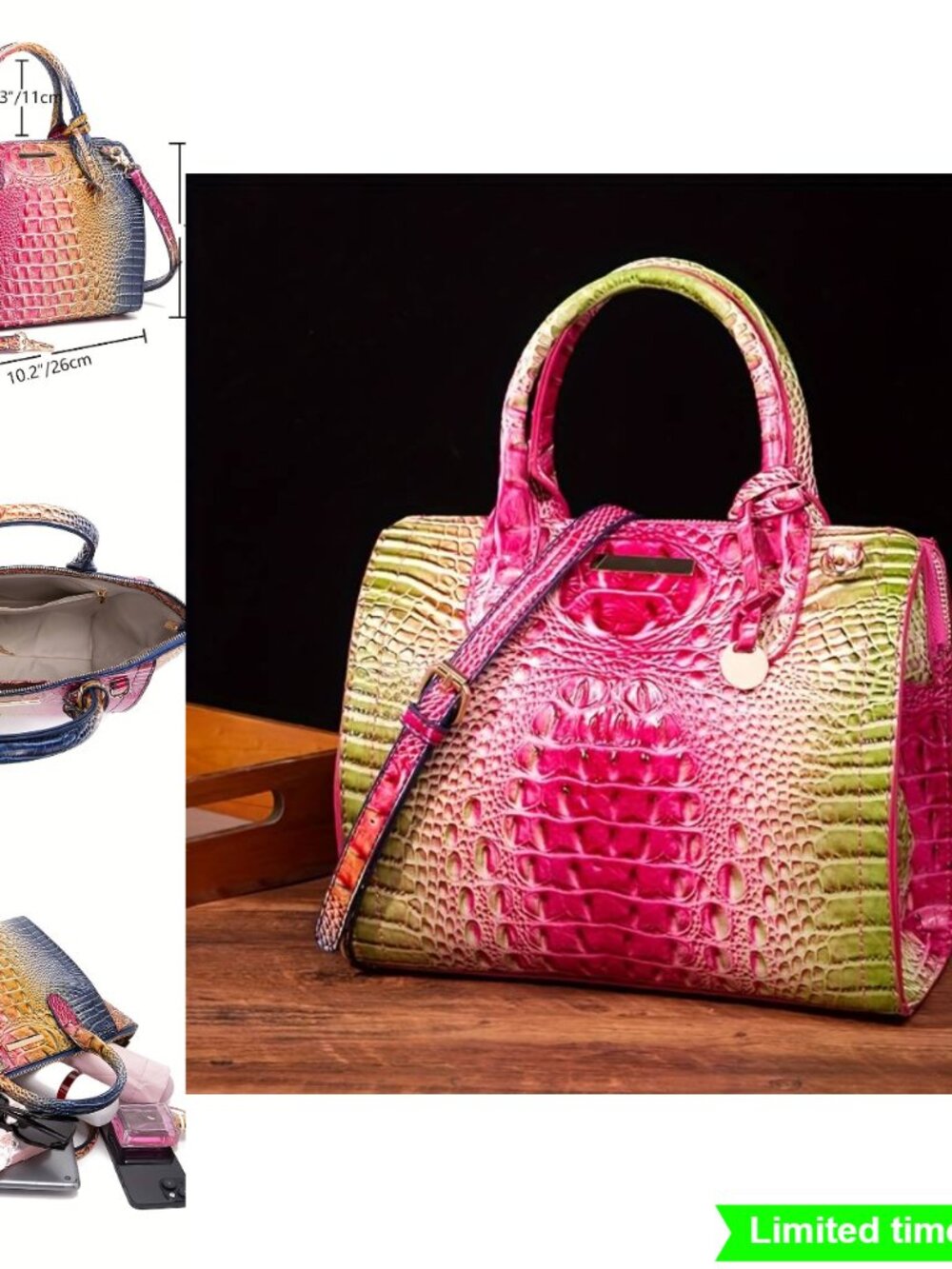 Colorful Croc Pattern Handbag Multi Color Gradient Textured Bag with Metal